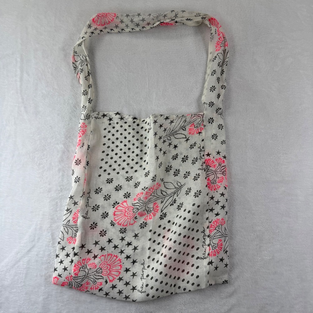 Free People Mixed Print Boho Tote Bag White Black Pink Floral Stars Polka Dot